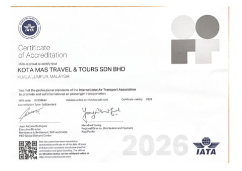 IATA accredited agent certificate, Kota Mas Travel & Tours Sdn Bhd