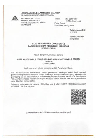 Tax compliance certificate certificate, Kota Mas Travel & Tours Sdn Bhd