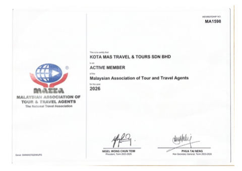 MATTA member certificate, Kota Mas Travel & Tours Sdn Bhd