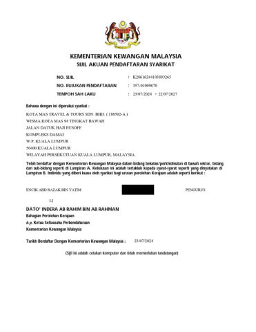 Ministry of Finance registration certificate, Kota Mas Travel & Tours Sdn Bhd