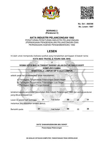 Tourism licence certificate, Kota Mas Travel & Tours Sdn Bhd